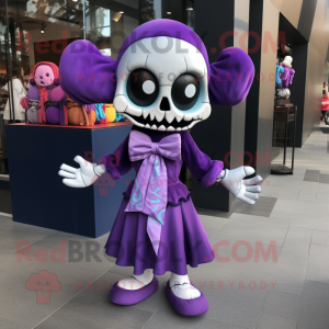 Purple Skull mascot costume character dressed with a Midi Dress and Bow ties