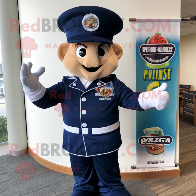 Navy Pizza mascot costume character dressed with a Trousers and Hat pins