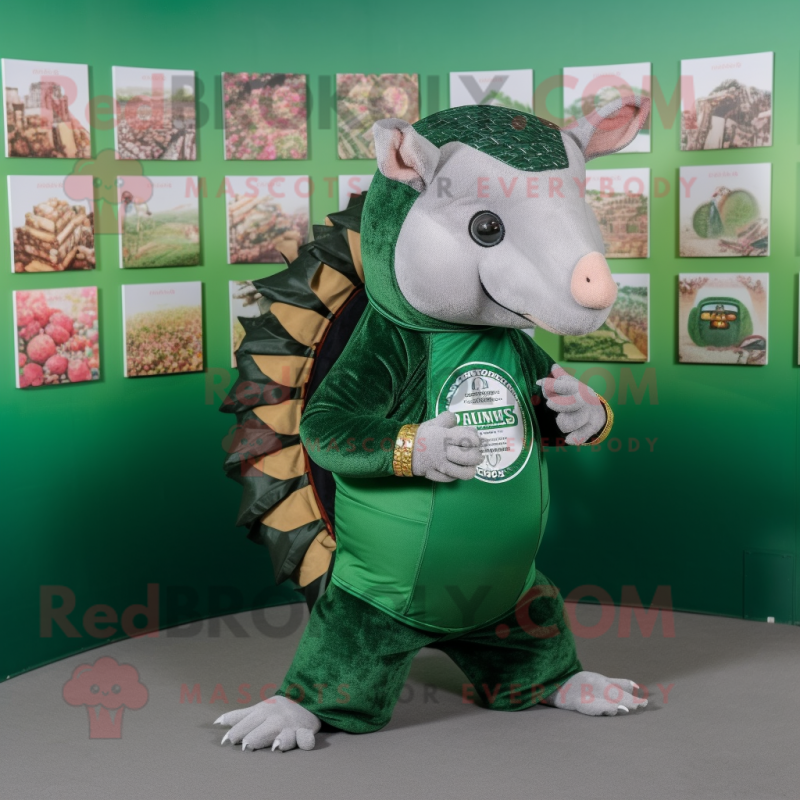 Forest Green Armadillo mascot costume character dressed with a Graphic Tee and Coin purses