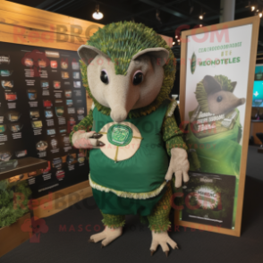 Forest Green Armadillo mascot costume character dressed with a Graphic Tee and Coin purses