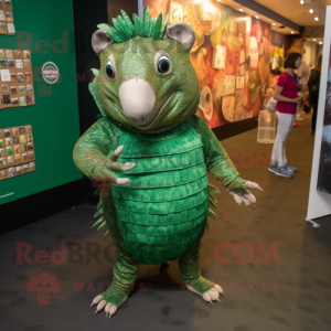 Forest Green Armadillo mascot costume character dressed with a Graphic Tee and Coin purses