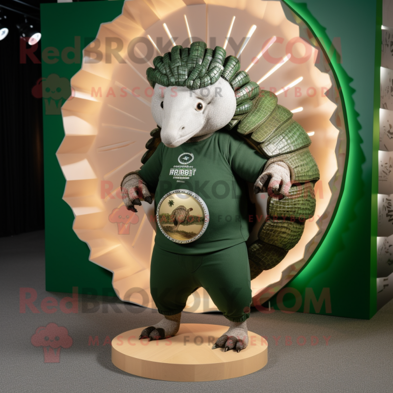 Forest Green Armadillo mascot costume character dressed with a Graphic Tee and Coin purses