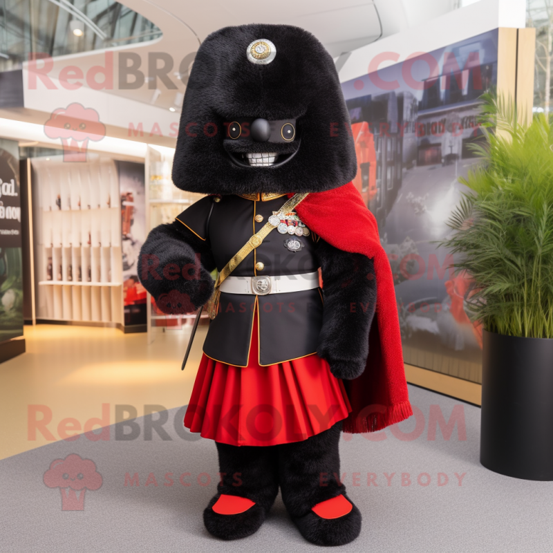 Black British Royal Guard mascot costume character dressed with a Wrap Skirt and Scarf clips Black British Royal Guard mascot costume character dressed with a Wrap Skirt and Scarf clips