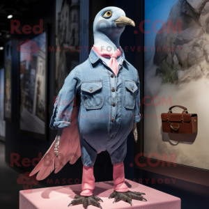 Pink Passenger Pigeon mascot costume character dressed with a Denim Shirt and Brooches