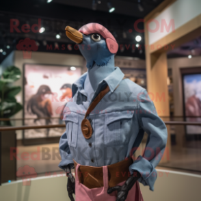 Pink Passenger Pigeon mascot costume character dressed with a Denim Shirt and Brooches