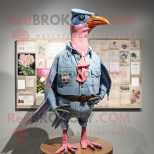 Pink Passenger Pigeon mascot costume character dressed with a Denim Shirt and Brooches