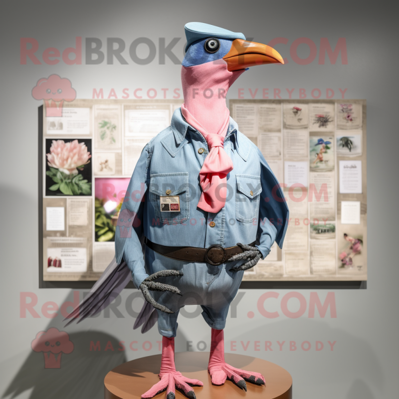 Pink Passenger Pigeon mascot costume character dressed with a Denim Shirt and Brooches