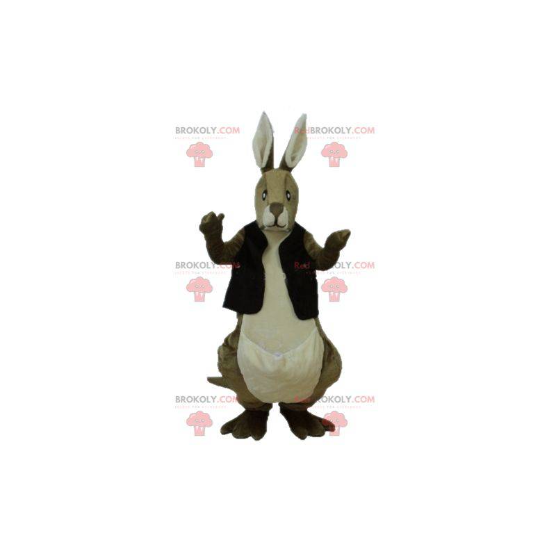 Brown and white kangaroo mascot with a black vest -