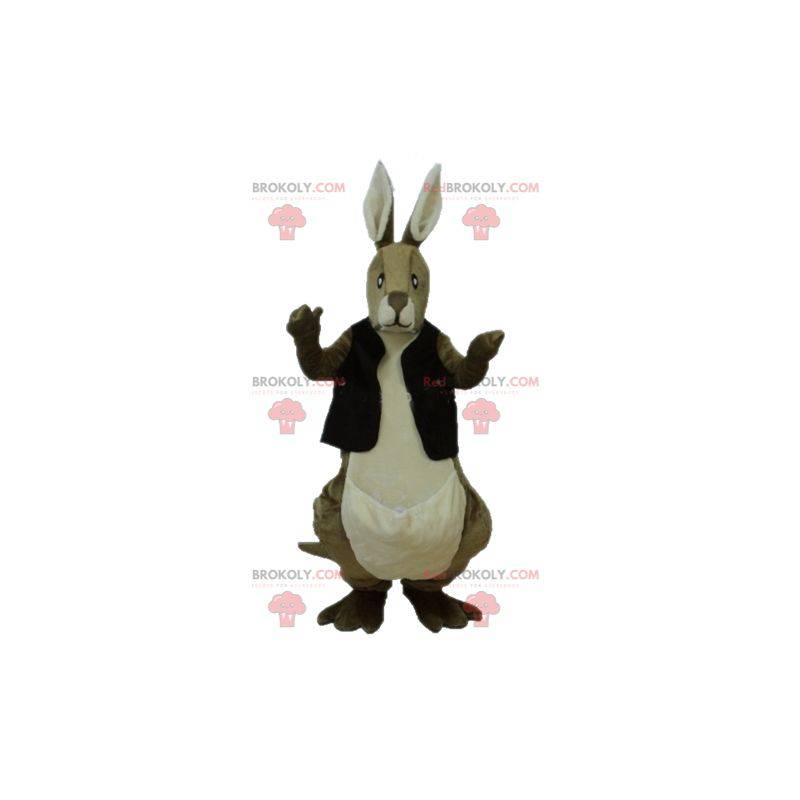 Mascote canguru marrom e branco com colete preto -