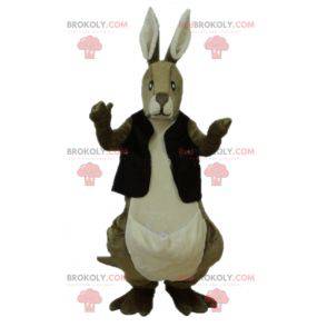 Brown and white kangaroo mascot with a black vest -