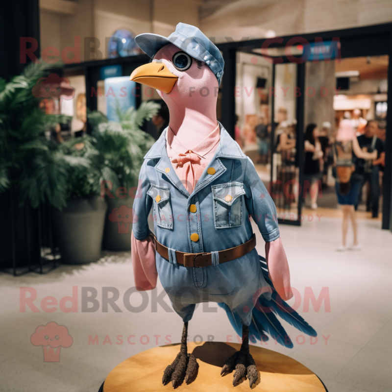 Pink Passenger Pigeon mascot costume character dressed with a Denim Shirt and Brooches