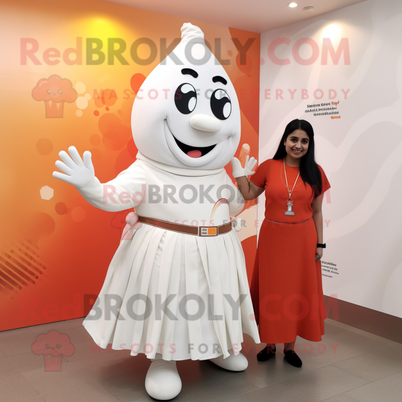 White Tikka Masala mascot costume character dressed with a Pleated Skirt and Watches