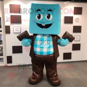 Cyan Chocolate Bar mascot costume character dressed with a T-Shirt and Cufflinks