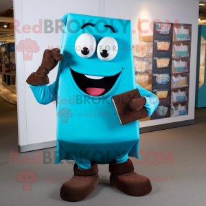 Cyan Chocolate Bar mascot costume character dressed with a T-Shirt and Cufflinks