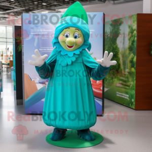 Cyan Leprechaun mascot costume character dressed with a Maxi Dress and Beanies