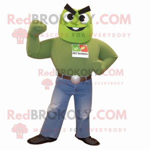 Olive Strongman mascot costume character dressed with a Flare Jeans and Cufflinks