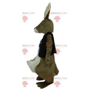 Brown and white kangaroo mascot with a black vest -