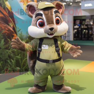 Olive Flying Squirrel mascot costume character dressed with a Dungarees and Suspenders