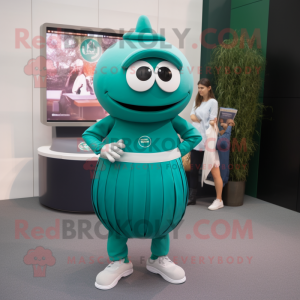 Teal Spinach mascot costume character dressed with a Pleated Skirt and Smartwatches