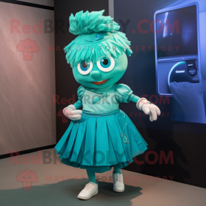 Teal Spinach mascot costume character dressed with a Pleated Skirt and Smartwatches