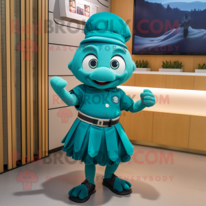 Teal Spinach mascot costume character dressed with a Pleated Skirt and Smartwatches