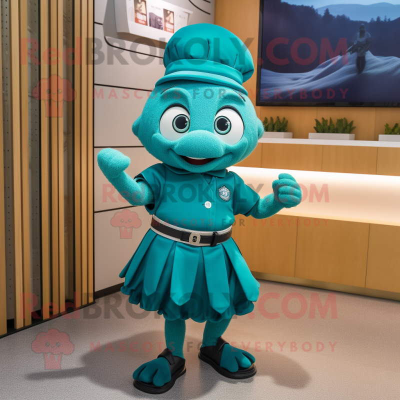 Teal Spinach mascot costume character dressed with a Pleated Skirt and Smartwatches Teal Spinach mascot costume character dressed with a Pleated Skirt and Smartwatches