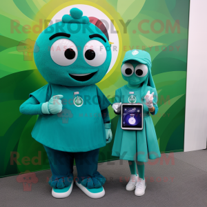 Teal Spinach mascot costume character dressed with a Pleated Skirt and Smartwatches