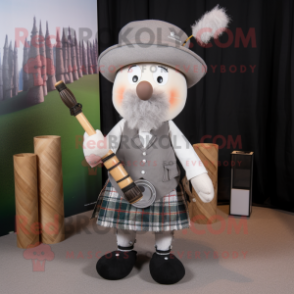 Gray Bagpipe mascot costume character dressed with a Waistcoat and Caps