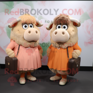 Peach Buffalo mascot costume character dressed with a Maxi Dress and Messenger bags