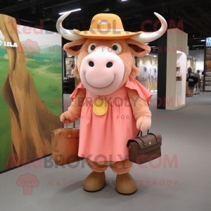 Peach Buffalo mascot costume character dressed with a Maxi Dress and Messenger bags