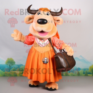 Peach Buffalo mascot costume character dressed with a Maxi Dress and Messenger bags