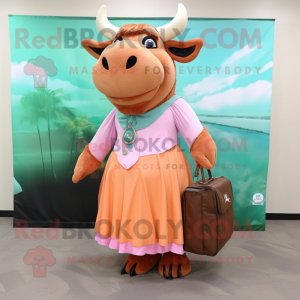 Peach Buffalo mascot costume character dressed with a Maxi Dress and Messenger bags