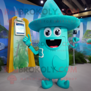 Turquoise Phone mascot costume character dressed with a Bikini and Hats