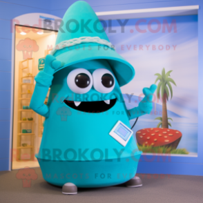 Turquoise Phone mascot costume character dressed with a Bikini and Hats