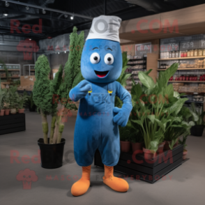 Blue Carrot mascot costume character dressed with a Overalls and Shoe clips