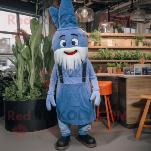 Blue Carrot mascot costume character dressed with a Overalls and Shoe clips