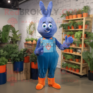 Blue Carrot mascot costume character dressed with a Overalls and Shoe clips