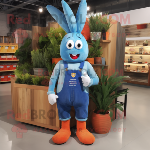Blue Carrot mascot costume character dressed with a Overalls and Shoe clips