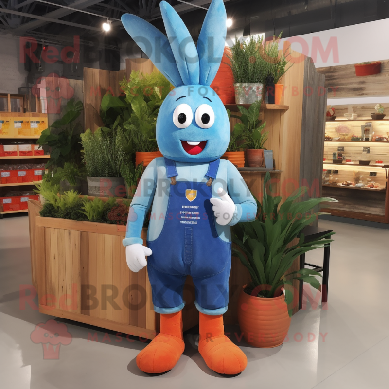 Blue Carrot mascot costume character dressed with a Overalls and Shoe clips Blue Carrot mascot costume character dressed with a Overalls and Shoe clips