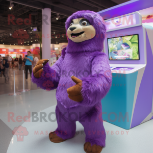 Purple Giant Sloth mascot costume character dressed with a Skinny Jeans and Coin purses