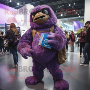 Purple Giant Sloth mascot costume character dressed with a Skinny Jeans and Coin purses