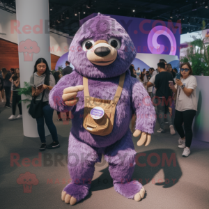 Purple Giant Sloth mascot costume character dressed with a Skinny Jeans and Coin purses