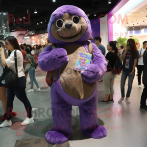 Purple Giant Sloth mascot costume character dressed with a Skinny Jeans and Coin purses