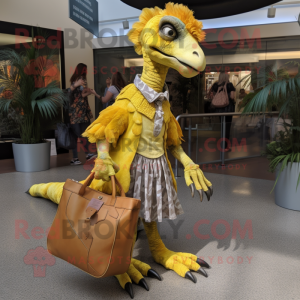 Yellow Utahraptor mascot costume character dressed with a A-Line Dress and Handbags