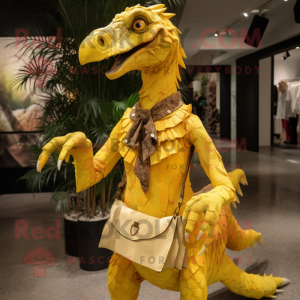 Yellow Utahraptor mascot costume character dressed with a A-Line Dress and Handbags