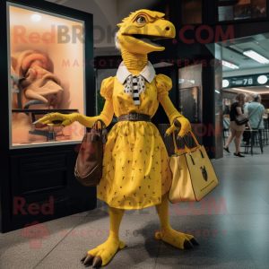 Yellow Utahraptor mascot costume character dressed with a A-Line Dress and Handbags