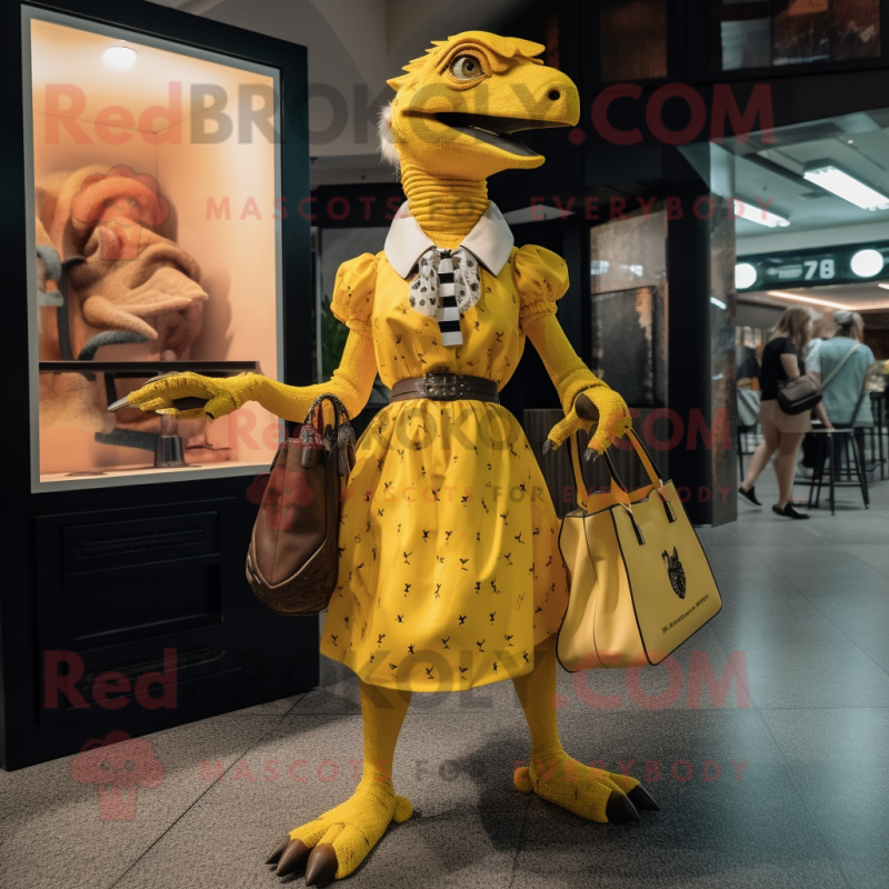 Yellow Utahraptor mascot costume character dressed with a A-Line Dress and Handbags Yellow Utahraptor mascot costume character dressed with a A-Line Dress and Handbags