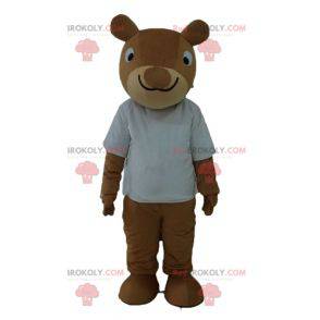 Mascote esquilo marrom sorrindo com uma camiseta branca -