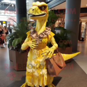 Yellow Utahraptor mascot costume character dressed with a A-Line Dress and Handbags