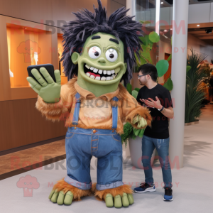 Tan Frankenstein'S Monster mascot costume character dressed with a Boyfriend Jeans and Hair clips